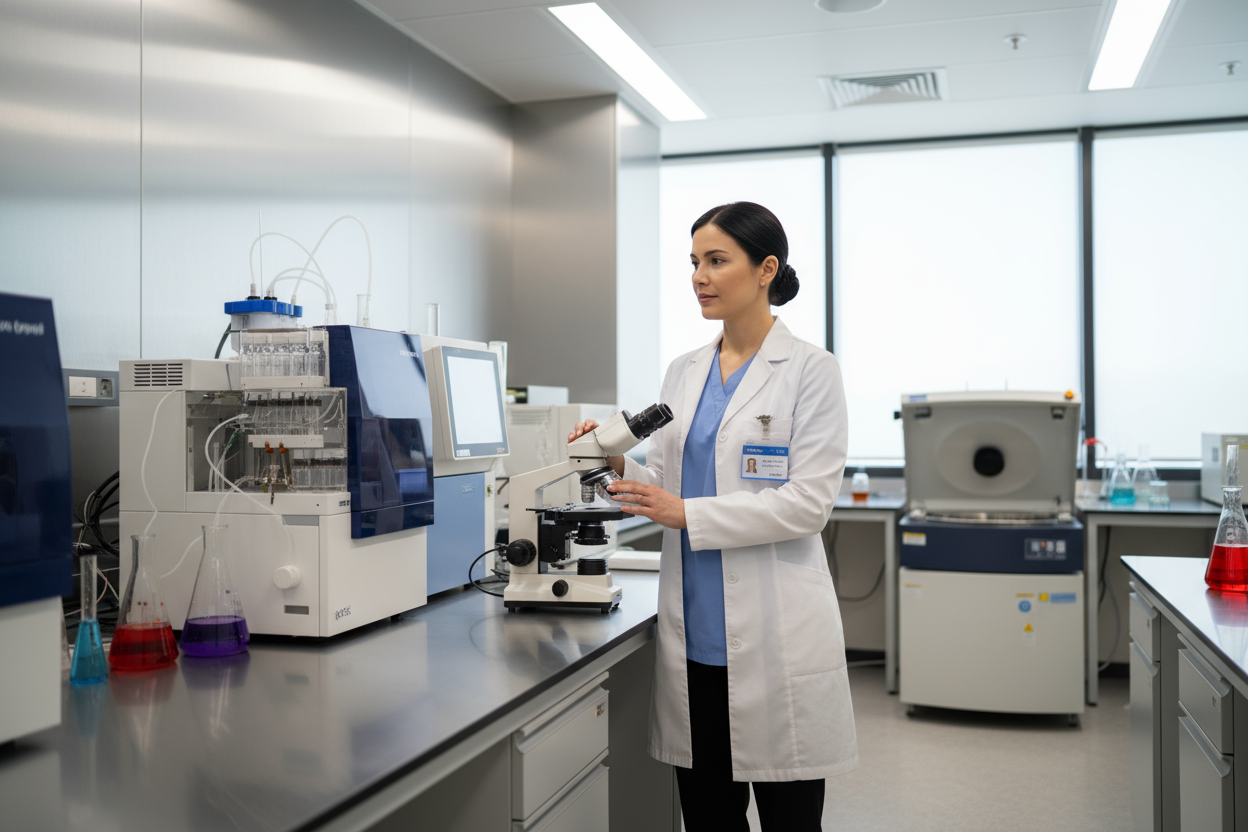 Ärztin oder Forscherin in weißem Kittel, Mikroskop oder chemische Analyse im Hintergrund